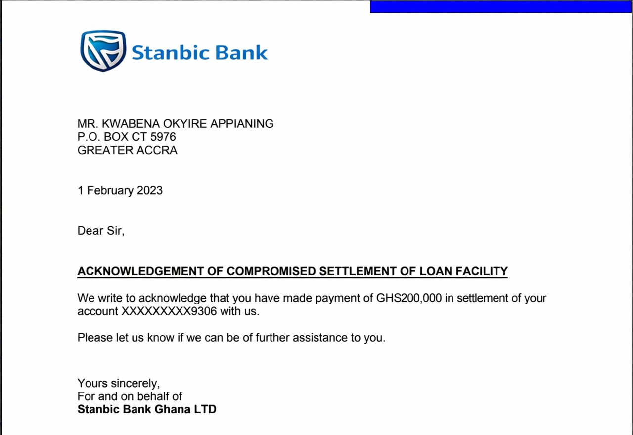Stanbic Bank acknowledgement of GHS 200,000 loan settlement